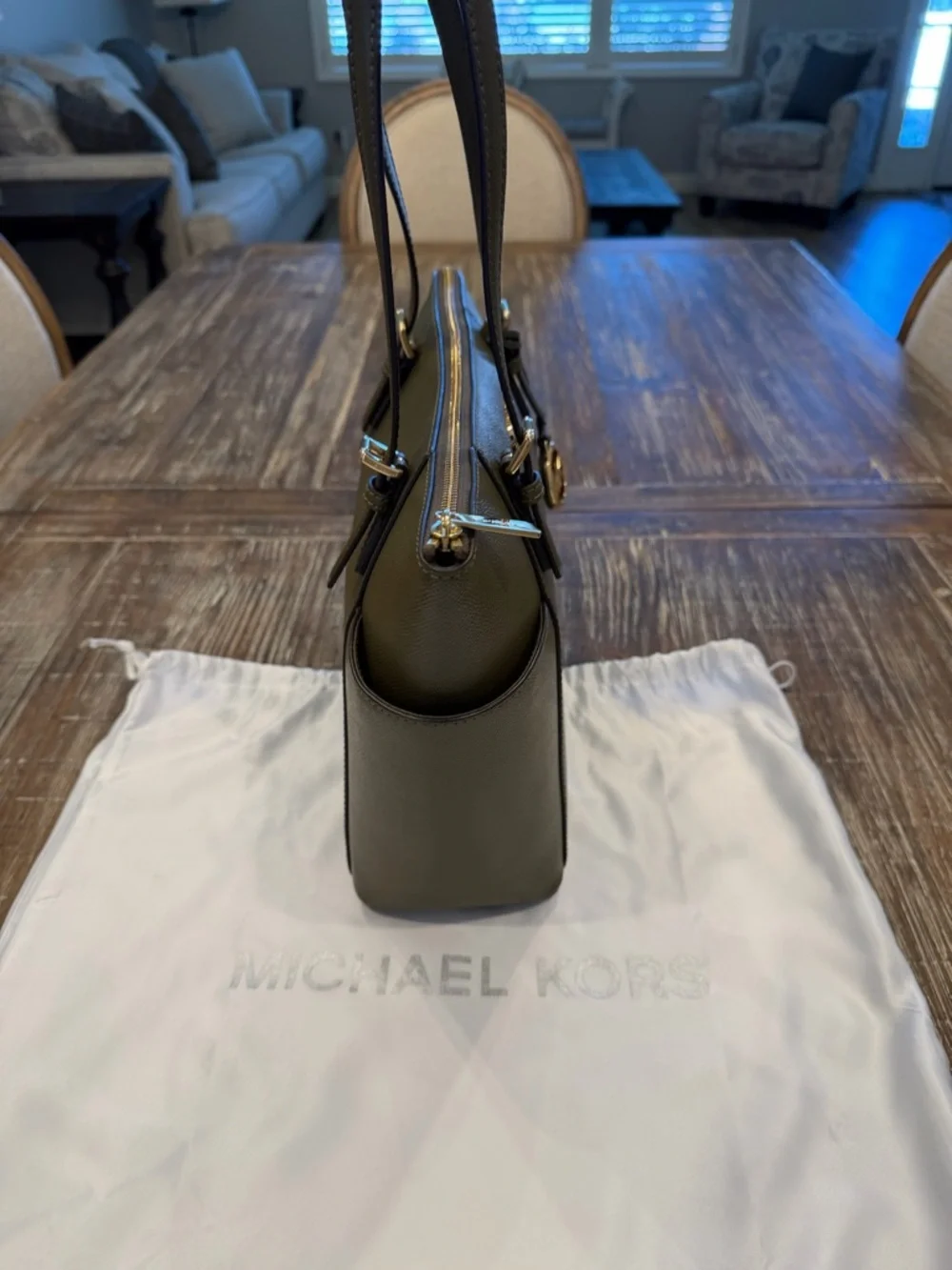 Michael Kors Dark Olive Saffiano Leather Tote with Gold Logo Charm - Picture 5 of 16